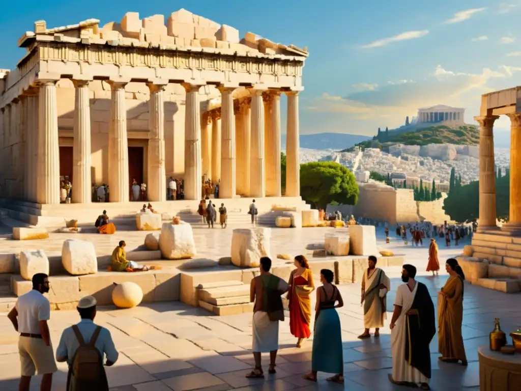 Mercado animado en la antigua Atenas con filósofos y vendedores entre estatuas y columnas de mármol
