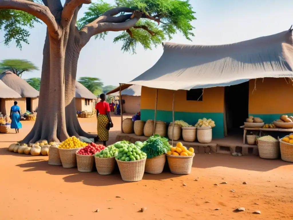 Mercado bullicioso en una aldea africana con mujeres vendiendo productos bajo baobabs, reflejando las Filosofías de la muerte en África subsahariana