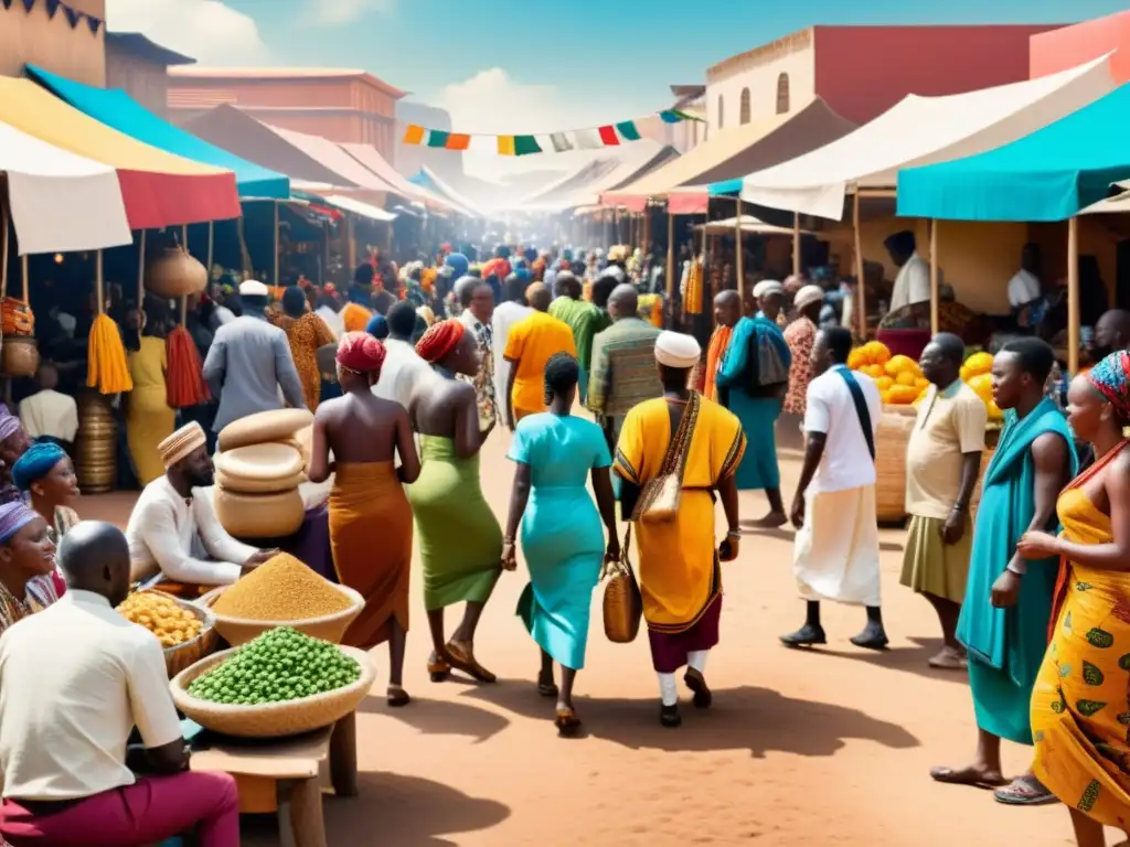 Mercado bullicioso en ciudad africana con discusiones sobre iluminismo, cultura vibrante