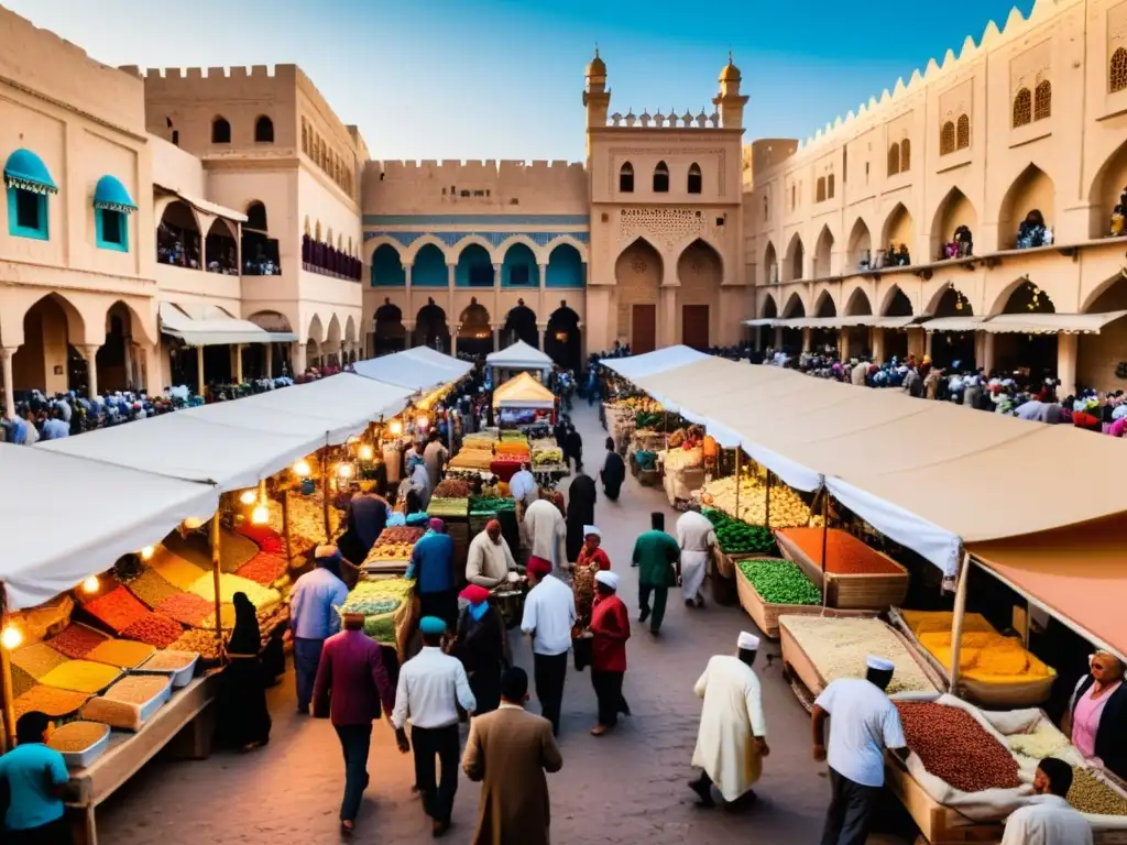 Mercado bullicioso en una ciudad del norte de África, con colores vibrantes y bulliciosas multitudes regateando