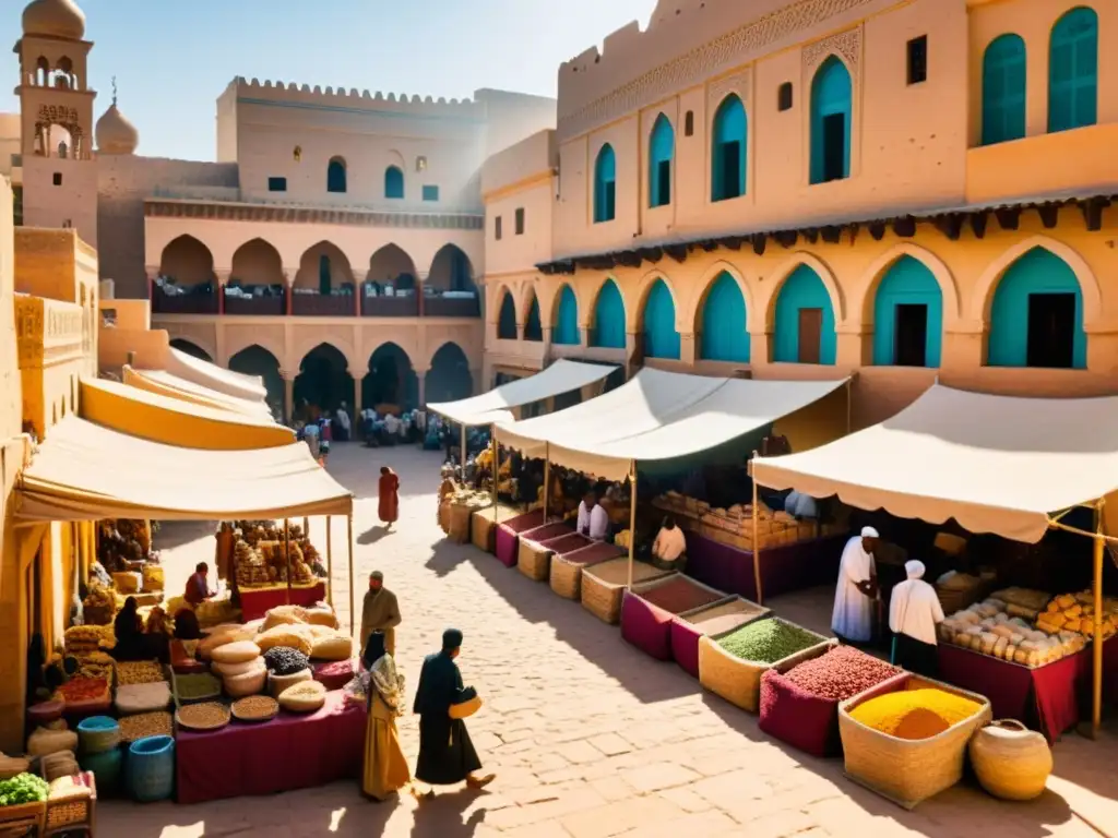 Mercado bullicioso en una ciudad del norte de África con calles estrechas y coloridos puestos de especias, textiles y cerámica