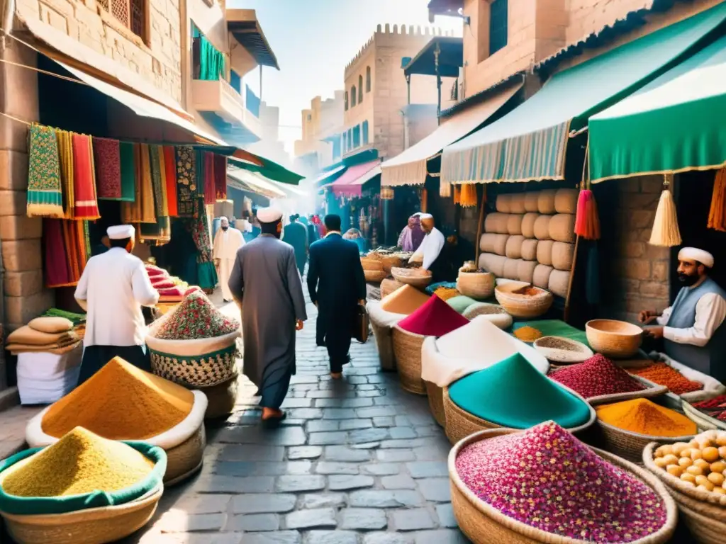 Un mercado bullicioso en una ciudad del Medio Oriente, donde se venden textiles, especias y artesanías