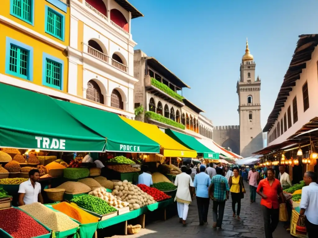 Un mercado bullicioso en una ciudad postcolonial, lleno de colores vibrantes y gente diversa