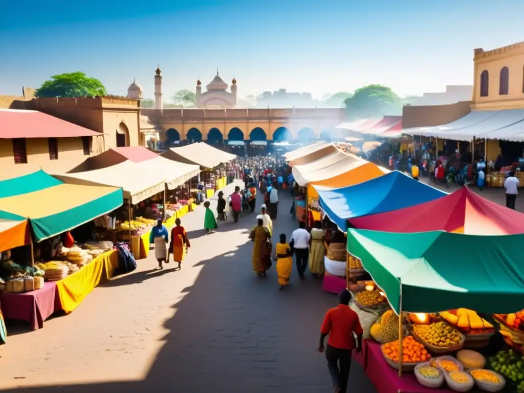 Un mercado bullicioso en una ciudad postcolonial, con puestos de colores y gente de diversas culturas