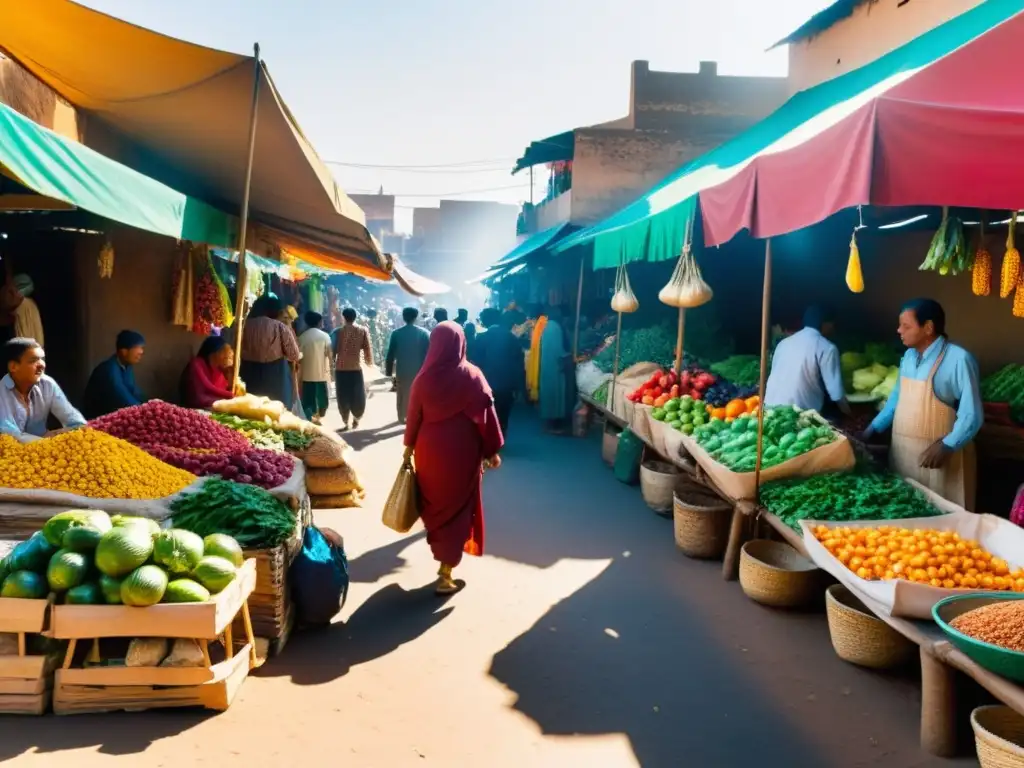 Mercado bullicioso en comunidad subsahariana, colores vibrantes y ambiente de justicia y bien común