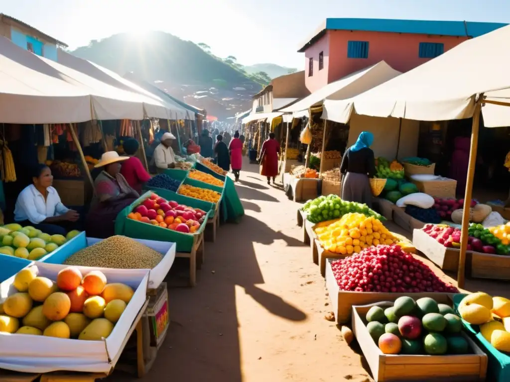 Mercado vibrante: frutas, textiles y artesanías en comunidad poscolonial Un mercado bullicioso en un entorno postcolonial, con vendedores ofreciendo frutas coloridas, textiles y artesanías