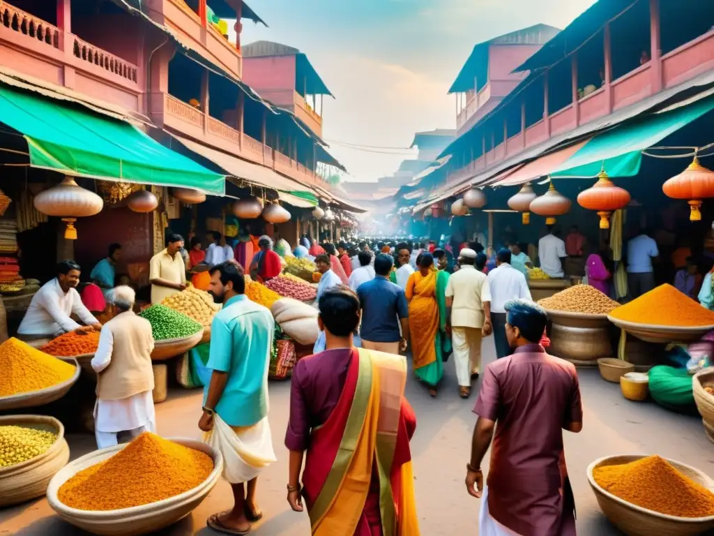 Mercado bullicioso en India, con colores vibrantes y detalles culturales