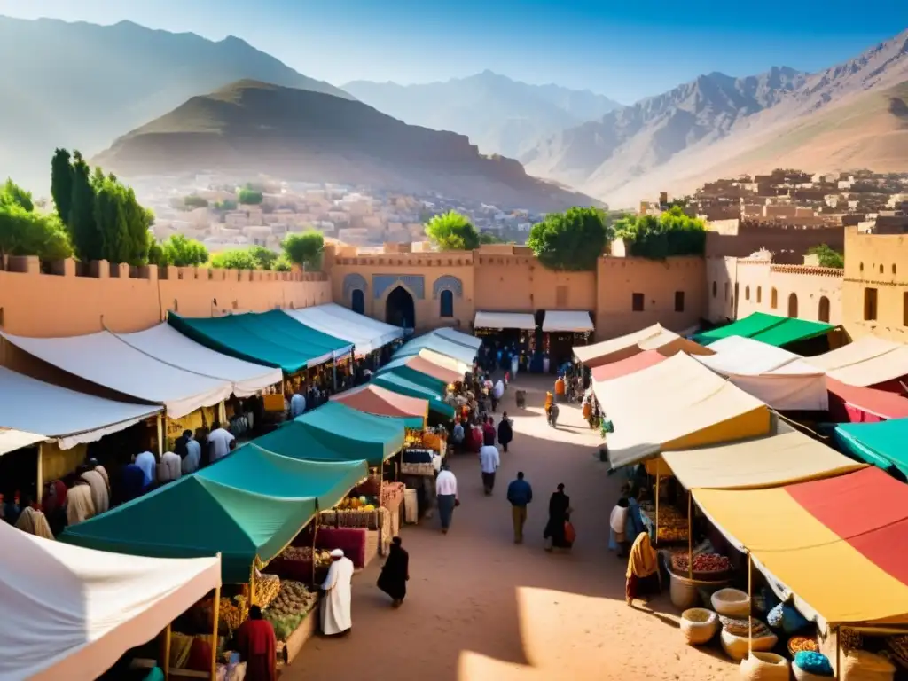 Un mercado bullicioso en el Magreb, lleno de textiles, especias y cerámica