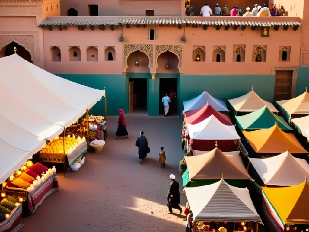 Mercado bullicioso en Marrakech con textiles y especias coloridas, comerciantes locales y turistas explorando calles estrechas bajo la cálida luz del atardecer, con la antigua Madrasa Ben Youssef de fondo, mostrando la rica herencia cultural y la importancia de la Filosofía