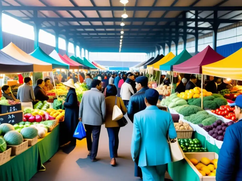 Un mercado bullicioso donde los vendedores y clientes intercambian productos en un modelo económico alternativo basado en cooperación