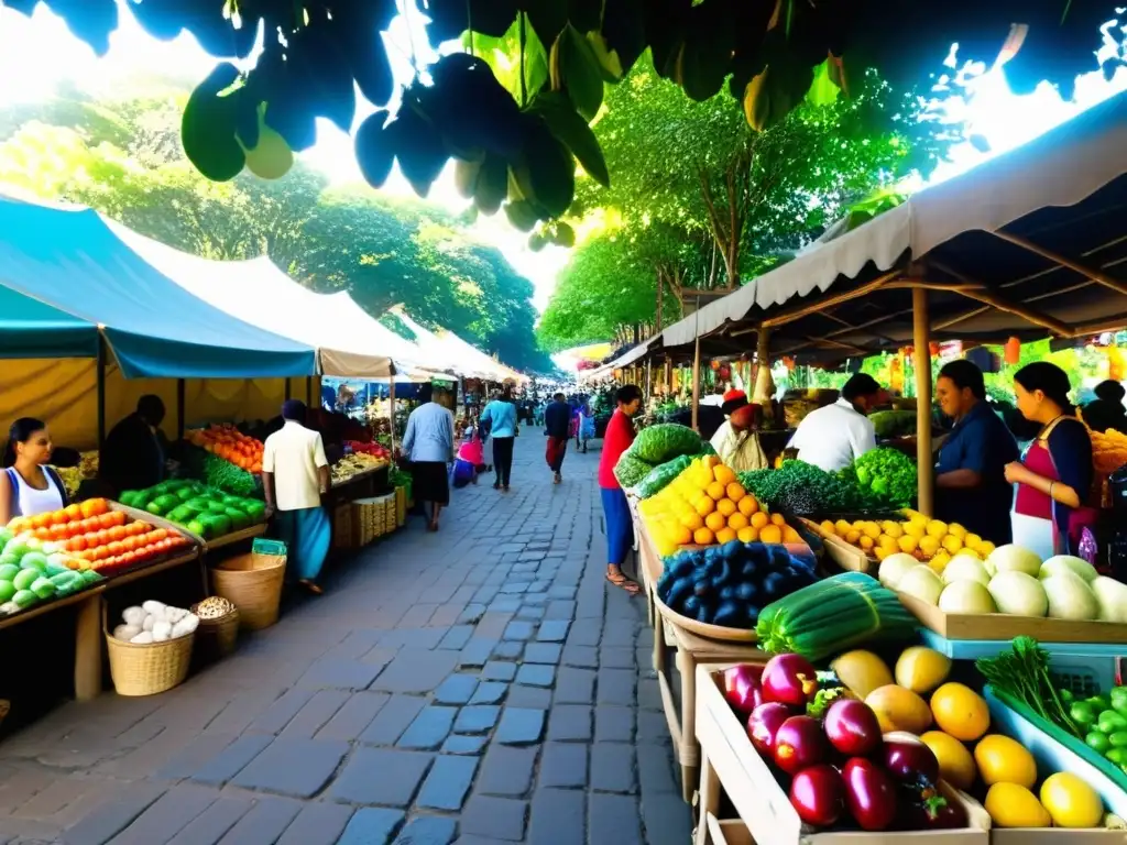 Un mercado bullicioso con vendedores de frutas, verduras y artesanías