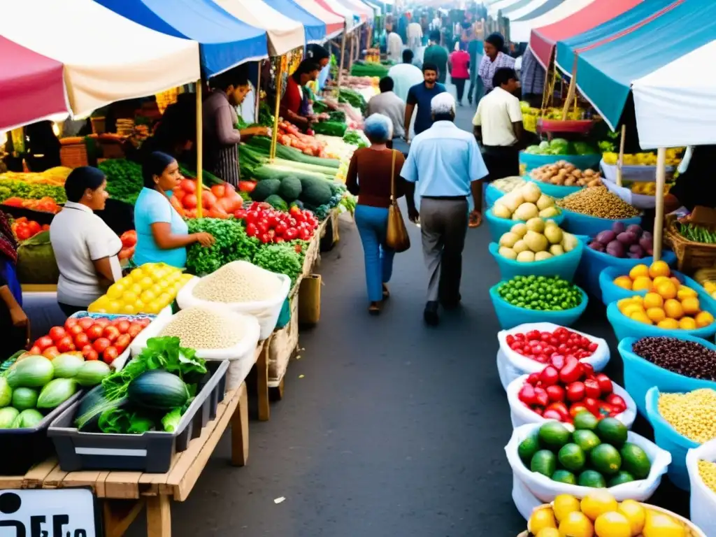 Mercado callejero bullicioso con diversidad de personas y productos, reflejando la racionalidad limitada en la toma de decisiones