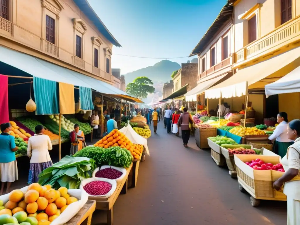 Un mercado callejero vibrante en una ciudad poscolonial, donde se venden textiles coloridos, productos artesanales y alimentos frescos