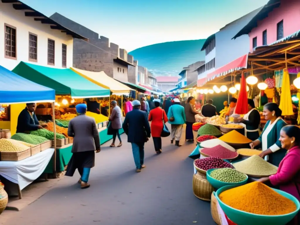 Mercado callejero vibrante en ciudad postcolonial, con intercambio cultural entre lugareños y turistas