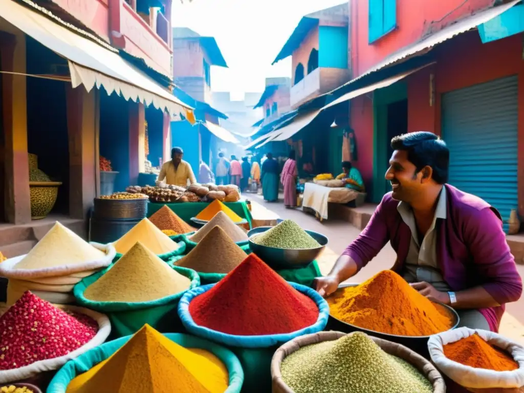 Mercado indio vibrante con colores, aromas y artesanías