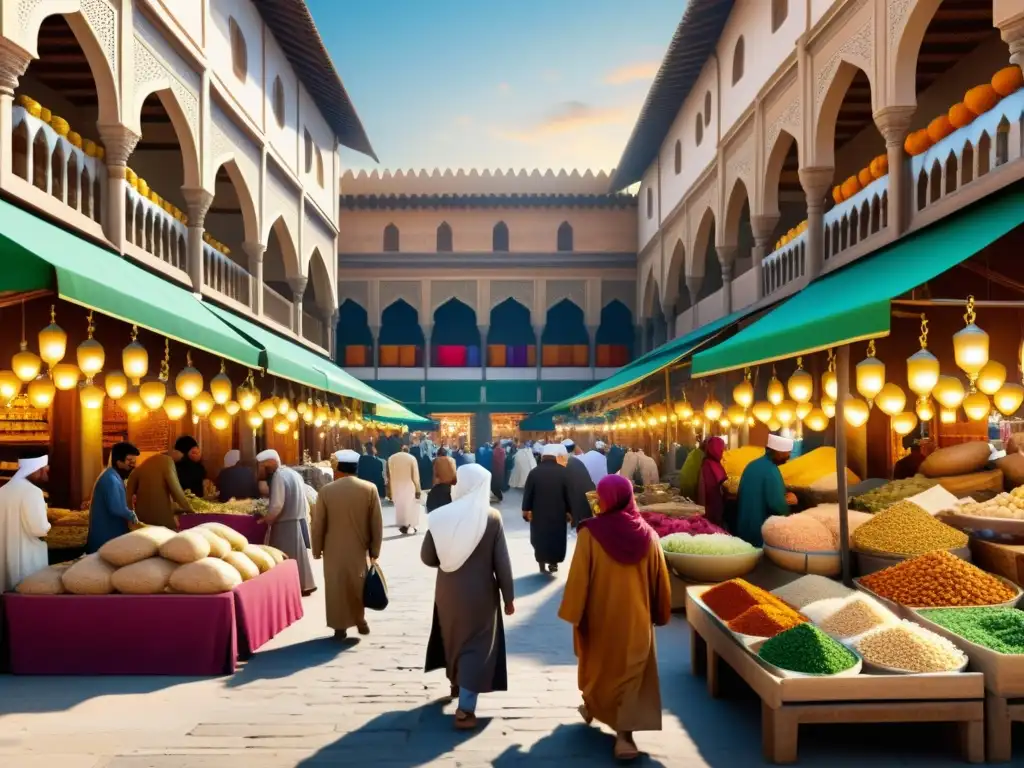 Mercado renacentista con influencia de la filosofía islámica: bulliciosa escena comercial llena de colores, aromas y cultura
