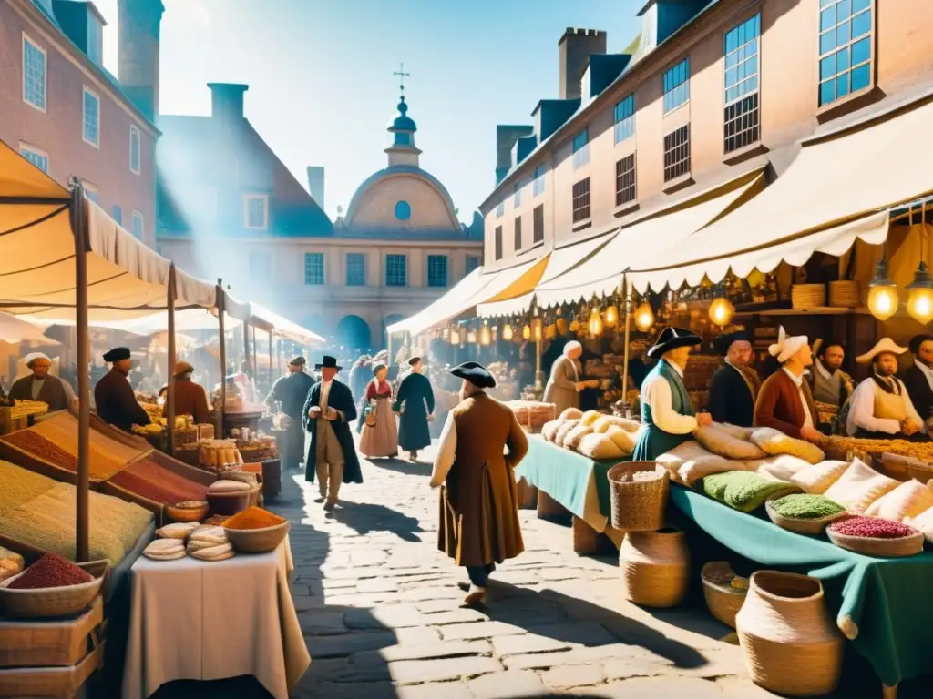 Un mercado del siglo XVIII con clientes y comerciantes