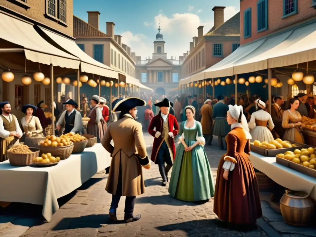 Mercado del siglo XVIII: escena detallada llena de vida y crítica social, iluminada por luz natural