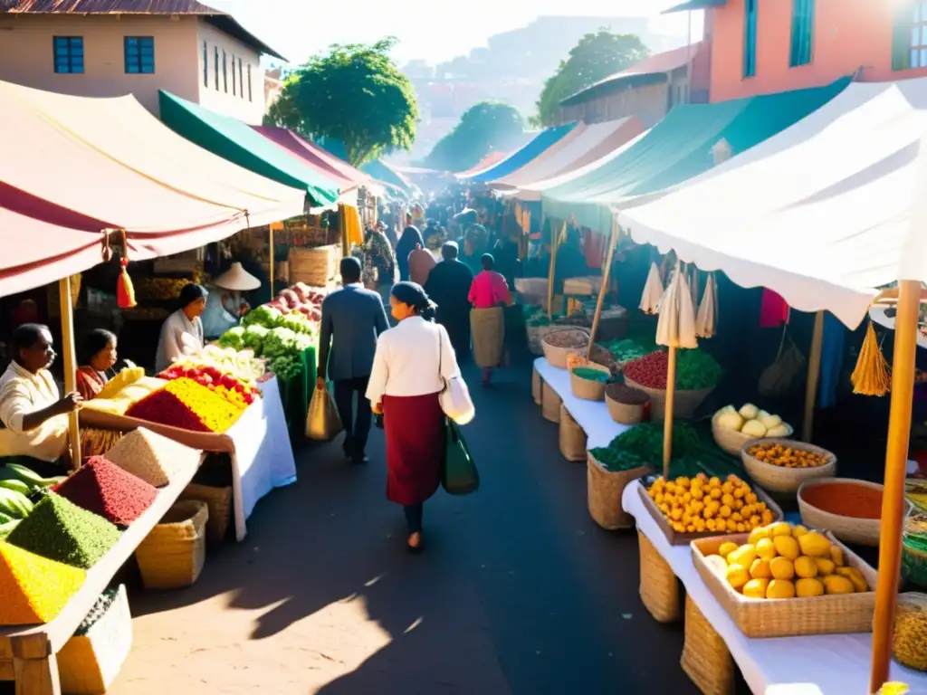 Mercado bullicioso y vibrante en una ciudad postcolonial Un mercado vibrante y bullicioso en una ciudad postcolonial, con puestos coloridos de productos diversos y gente de diversas culturas