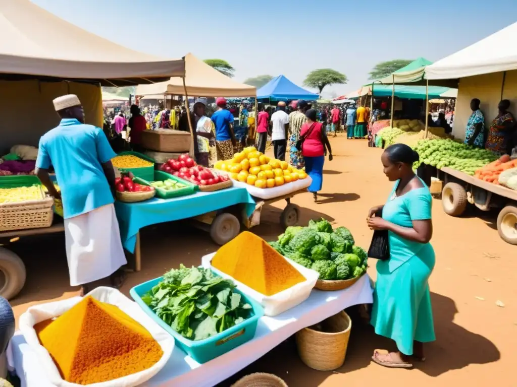 Un mercado vibrante y bullicioso en una comunidad rural subsahariana, con puestos coloridos vendiendo productos frescos, textiles y artesanías