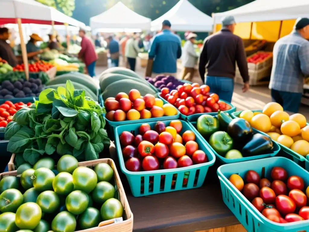 Un mercado vibrante con frutas y verduras orgánicas, gente animada y conexión a la tierra