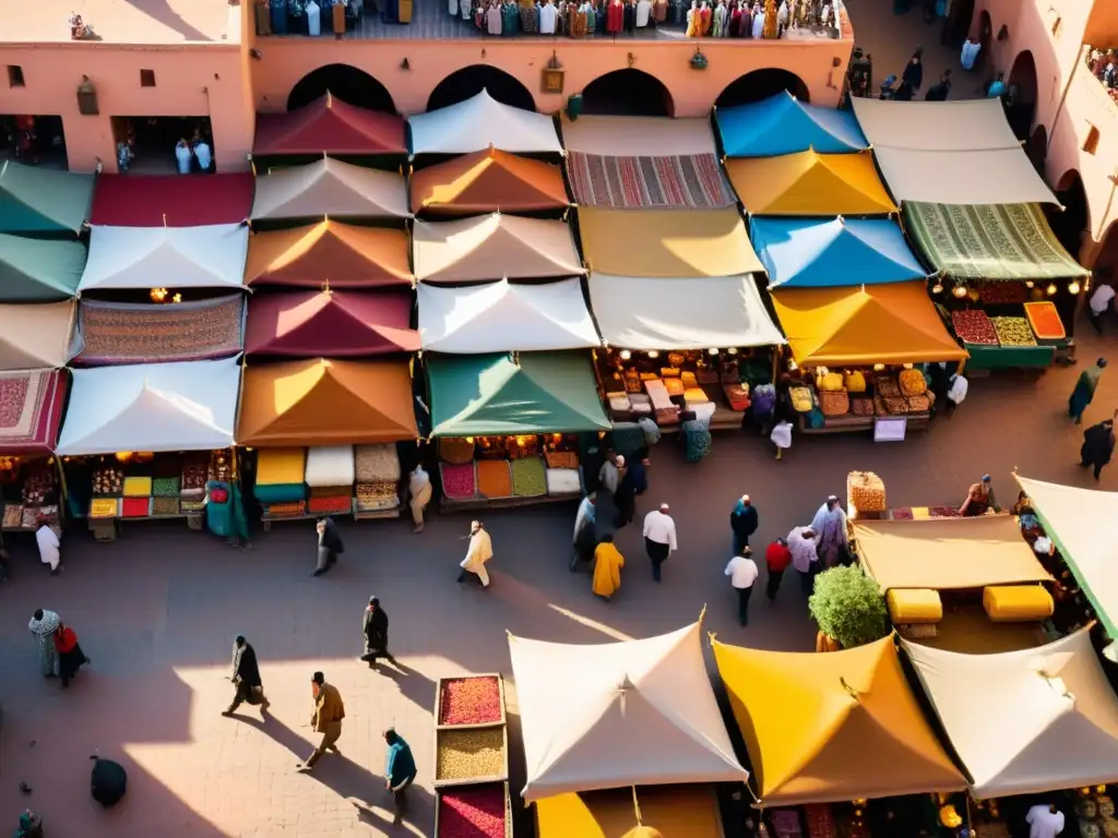 Un mercado vibrante en Marrakech, Marruecos, iluminado por el cálido sol