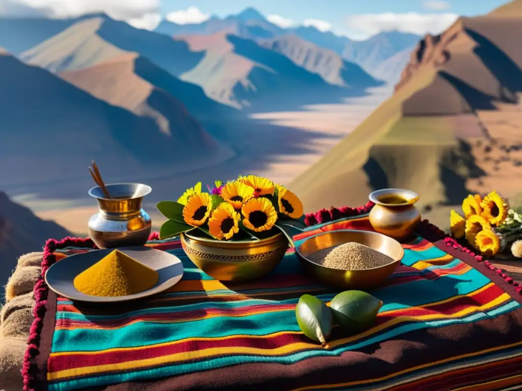 Una mesa andina llena de textiles y ofrendas, con una vista impresionante de los Andes