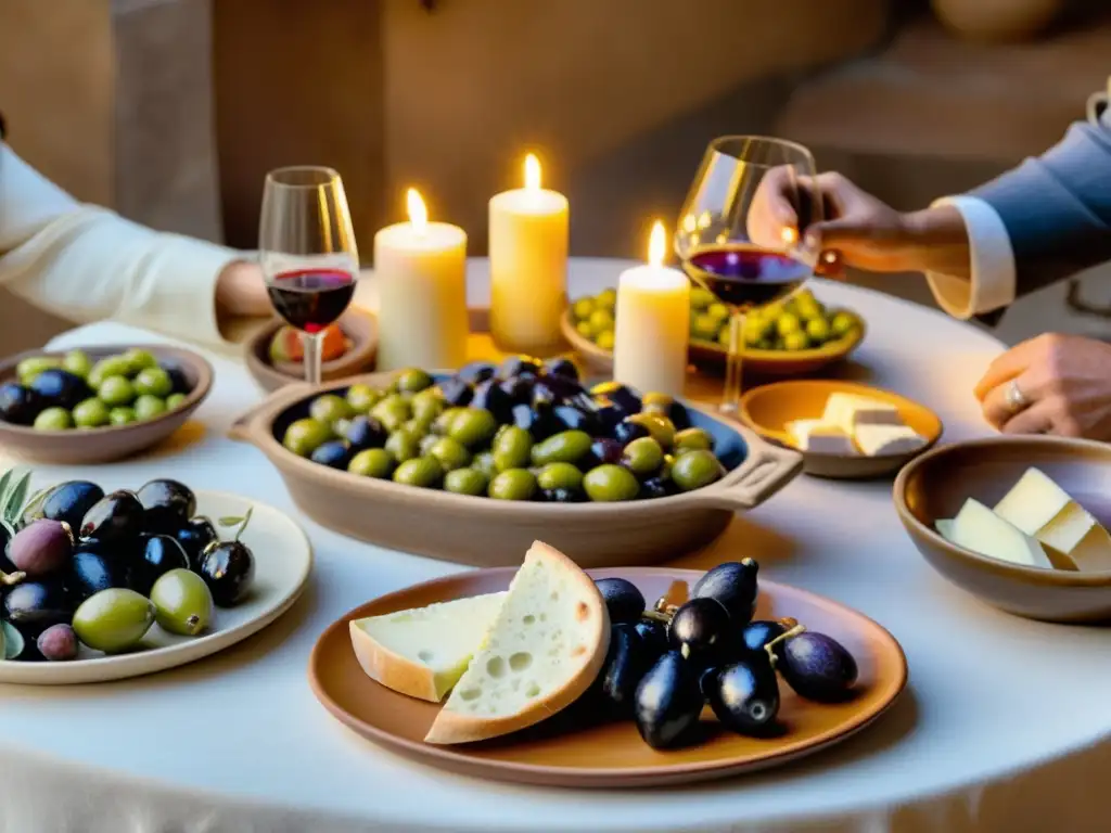 Una mesa de comedor al estilo griego antiguo con platos simples y elegantes, rodeada de gente animada en un ambiente cálido y acogedor
