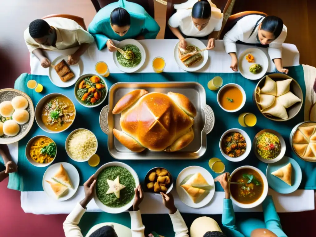 Una mesa larga llena de comidas que unen religiones en gastronomía, rodeada de personas de diversas creencias compartiendo una comida cálida y diversa