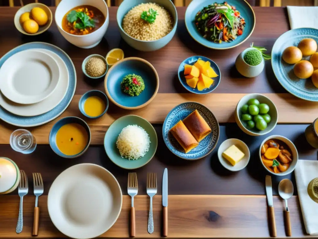 Una mesa de madera rústica con platos vibrantes de diversas culturas
