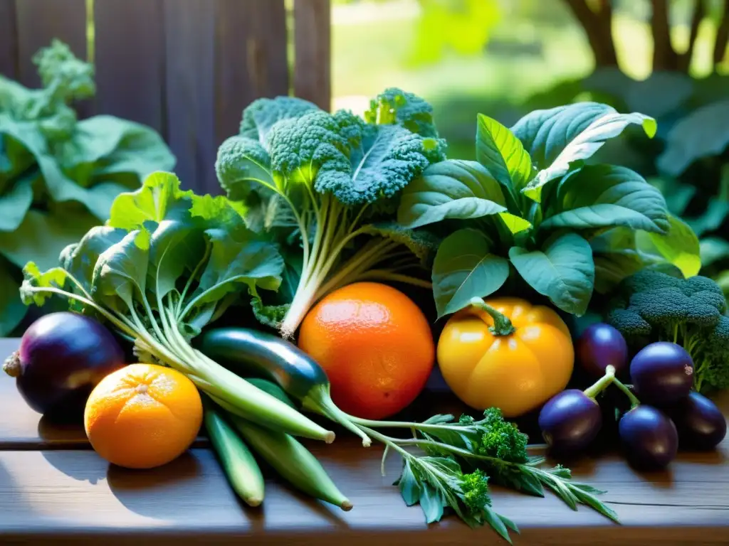 Una mesa rústica llena de vegetales y frutas frescas en un jardín sereno y soleado, en armonía con la Dieta Taoísta y filosofía gastronómica