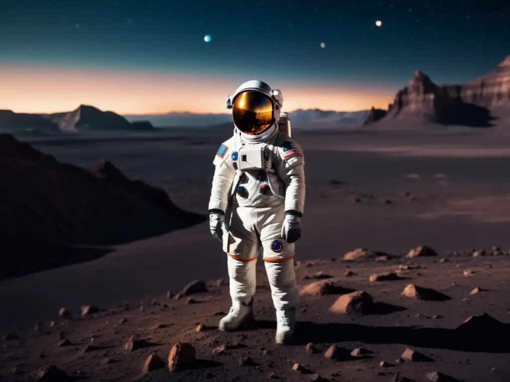 Metáfora filosófica en Solaris: Astronauta en planeta desolado, aislado bajo estrellas, reflejando soledad y asombro