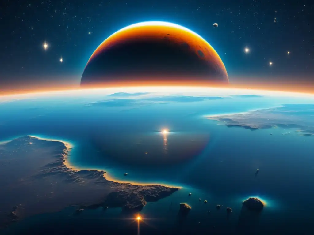 Una metáfora filosófica en Solaris: un planeta reluciente y misterioso refleja la vastedad del cosmos, evocando contemplación y enigma