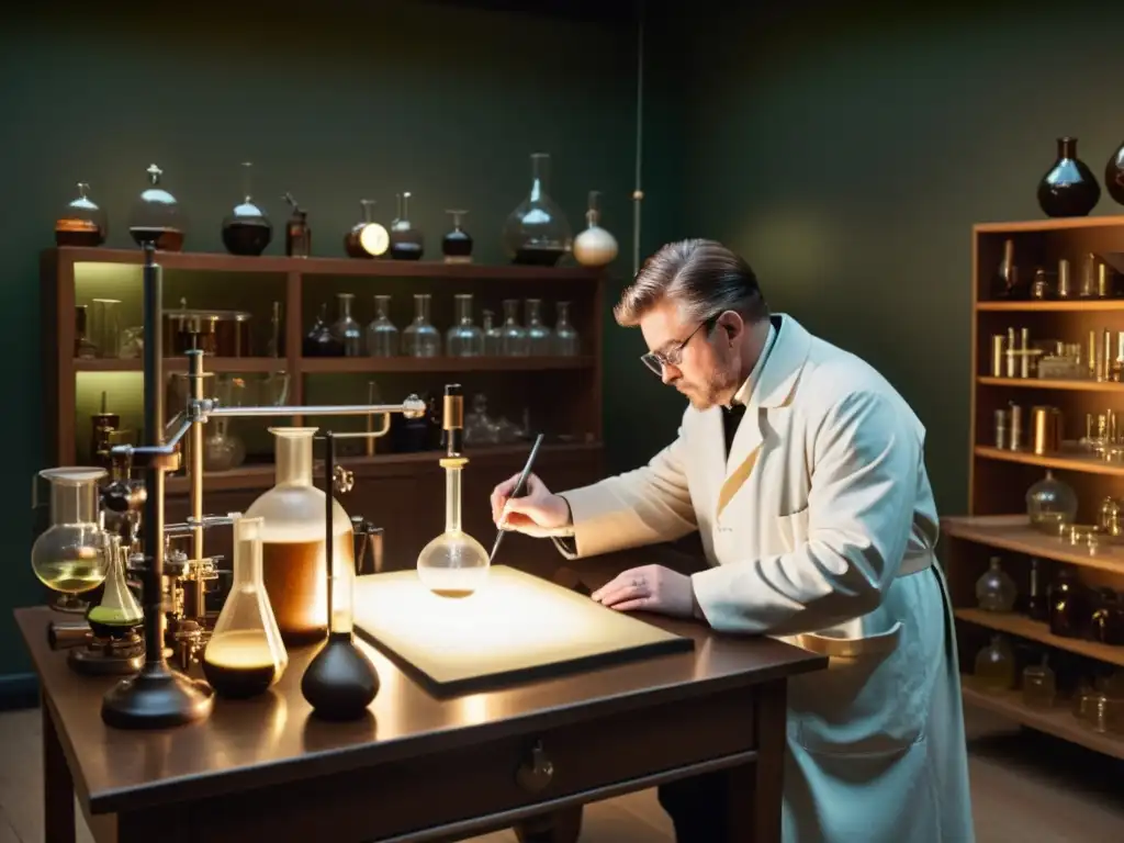 Recreación histórica del método científico de Francis Bacon en su laboratorio, evocando la pasión por el descubrimiento y la rigurosidad científica