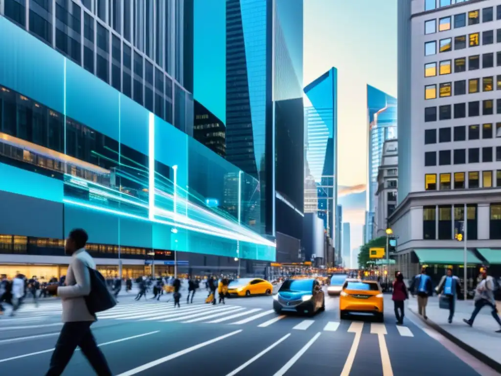 Vida urbana conectada: Big Data y privacidad digital Una metrópolis bulliciosa, personas y autos se mueven mientras una figura usa un smartphone entre flujos de datos