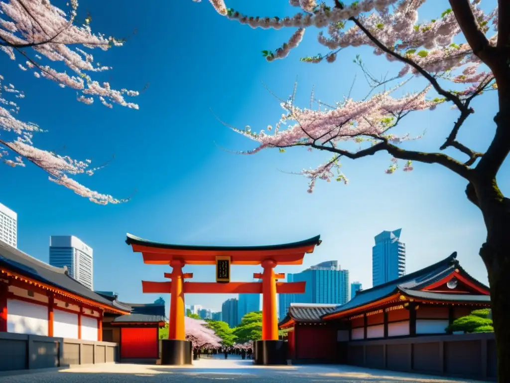 Una mezcla impresionante de tradición Shinto y modernidad urbana, con un torii frente a rascacielos