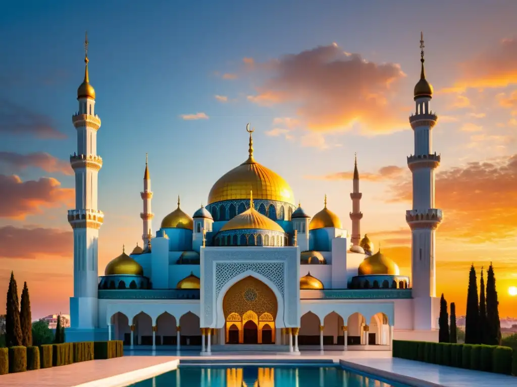 Una mezquita impresionante con diseño arquitectónico detallado, patrones geométricos e imponentes alminares, enmarcada por un vibrante atardecer