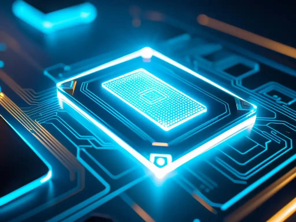 Un microchip transparente con intrincada circuitaría iluminado por una suave luz azul futurista