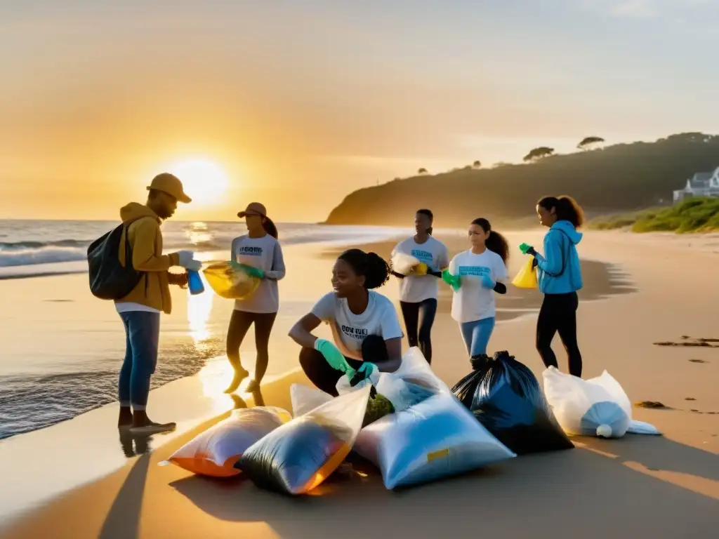 Millennials comprometidos limpiando la playa al atardecer, promoviendo la ética ambiental y la inversión en un futuro sostenible