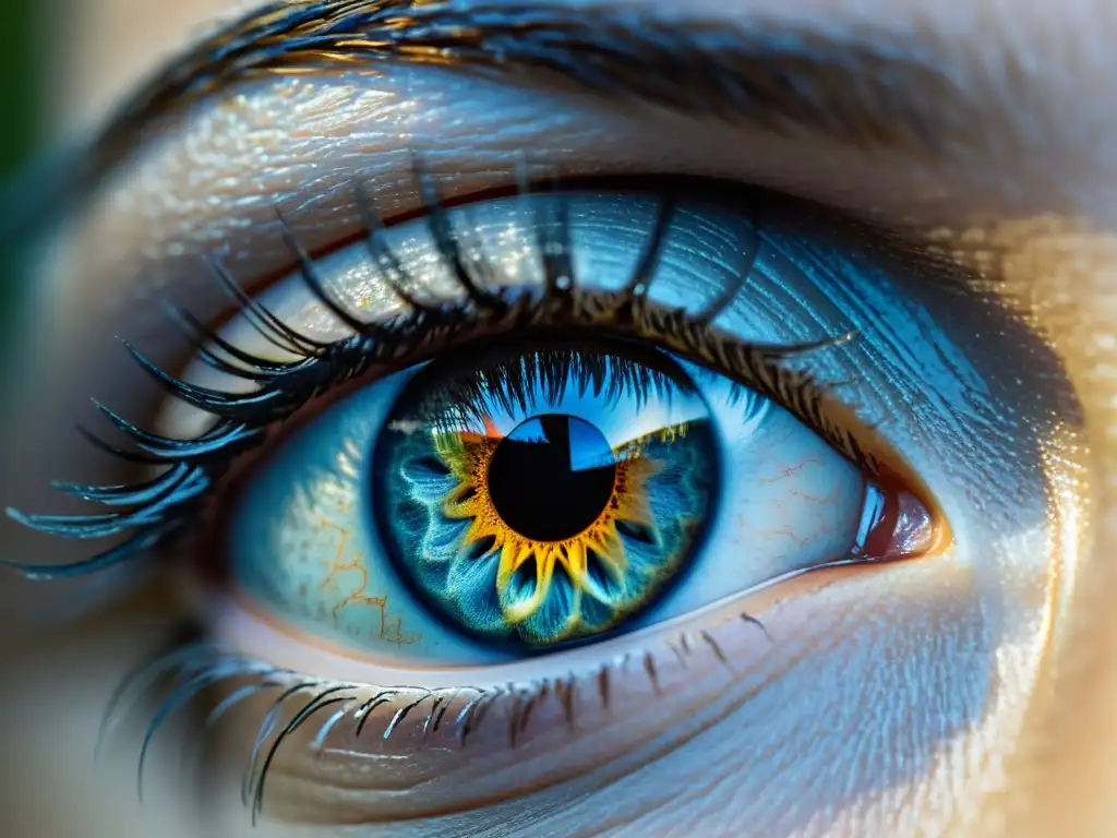 Una mirada profunda que captura la complejidad de la fenomenología y experiencia humana a través de la textura del iris y la reflexión en el ojo