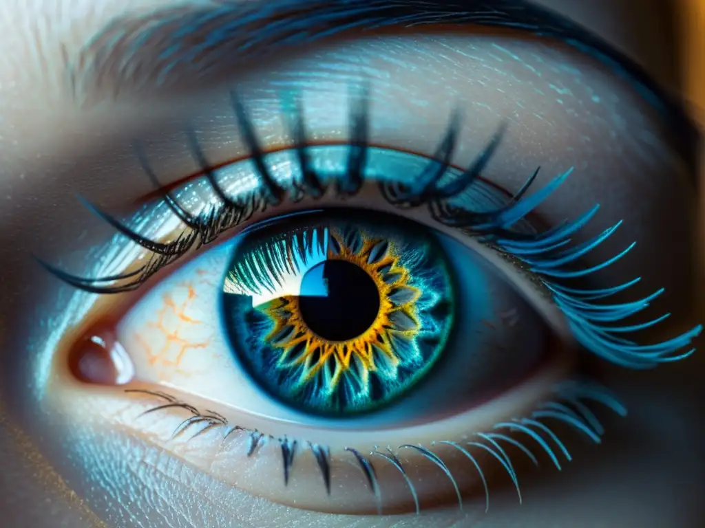 Una mirada profunda que revela la complejidad del iris y las pestañas, con juego de luces y sombras