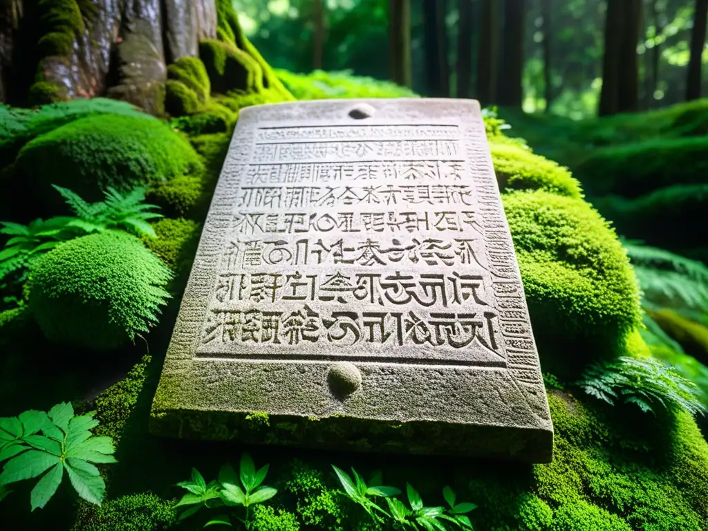 Una misteriosa tableta de piedra antigua con símbolos filosóficos y rodeada de vegetación en un bosque