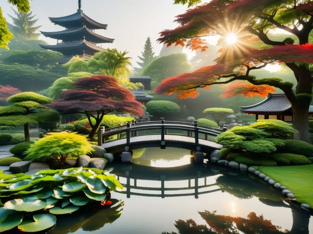 Jardín misterioso de la Escuela de Budismo Zen con linterna japonesa, arces rojos y estanque con peces koi y puente de madera