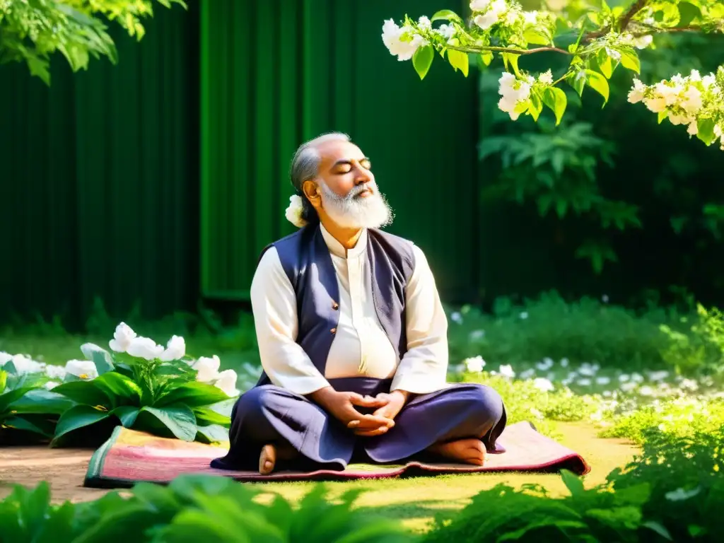 Un místico Sufi medita en un exuberante jardín, en armonía con la naturaleza y los principios de ecología Sufi