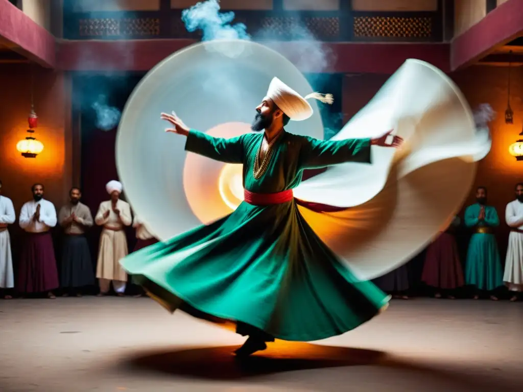 Un místico sufí gira en un derviche, rodeado de una atmósfera mística y seguidores en trance
