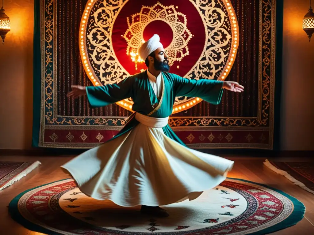 Un místico sufí gira en trance en una habitación iluminada, evocando la esencia del sufiismo en la era digital