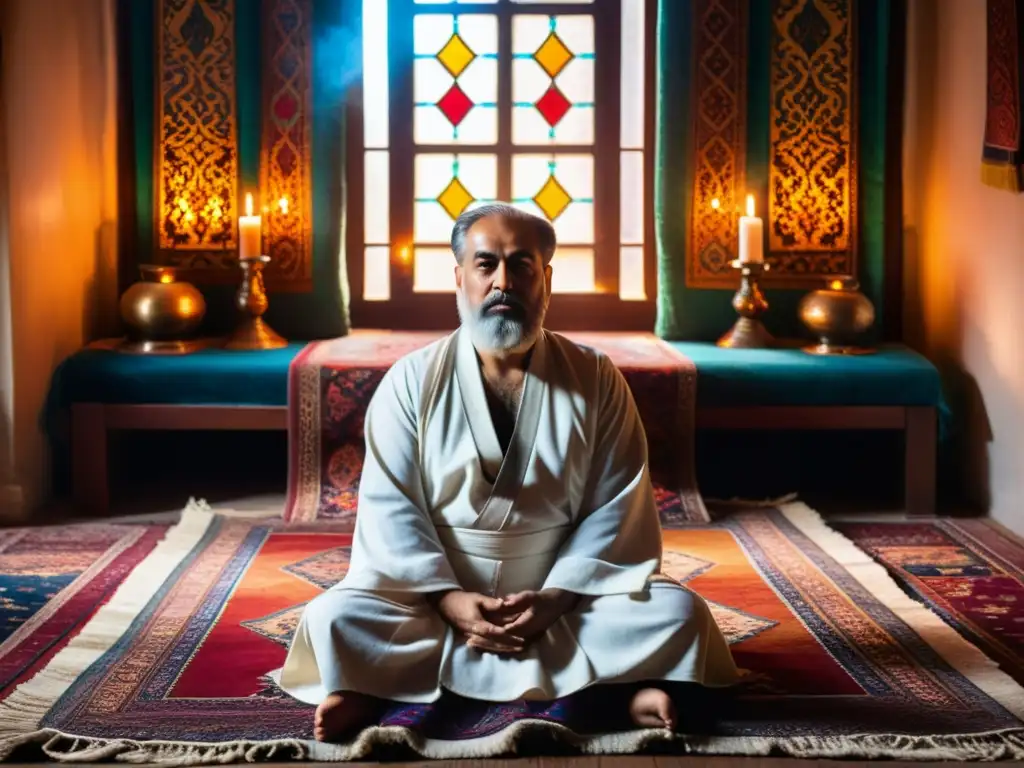 Un místico sufí en una habitación iluminada por velas y humo de incienso, con alfombras persas