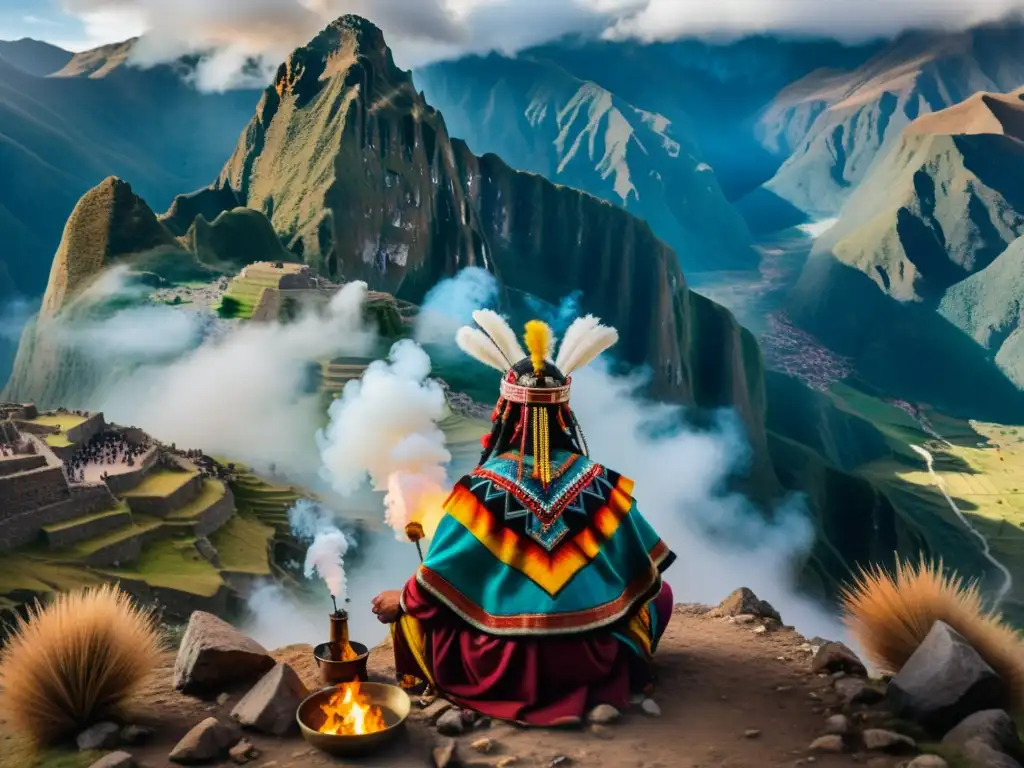 Místico ritual andino en la cima neblinosa, donde el chamán lleva a cabo una ceremonia entre ruinas incas y picos majestuosos