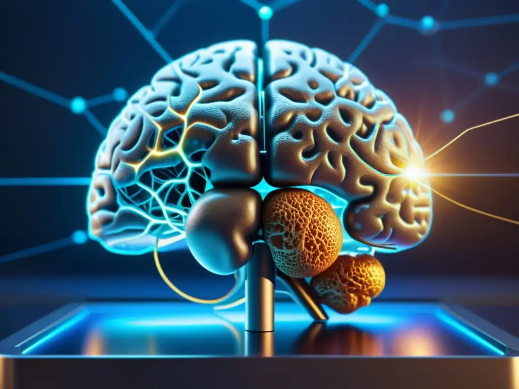 Modelo de cerebro humano detallado con red de neuronas y sinapsis, en un entorno científico futurista