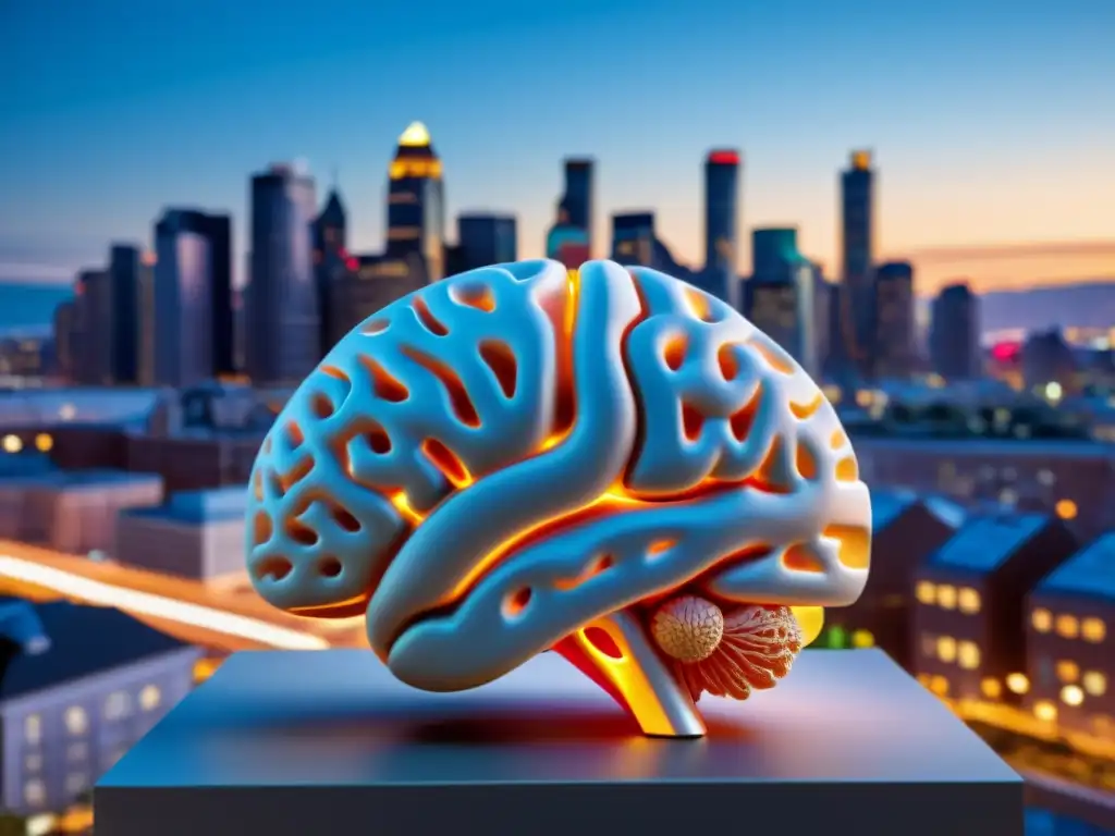 Modelo detallado del cerebro humano en contraste con una ciudad moderna al anochecer, simbolizando la conciencia en la modernidad